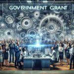 An intricate and high definition image representing a pioneering technology company receiving an esteemed government grant for their groundbreaking invention. The scene displays jubilant company staff, a diverse team consisting mixed genders and varying descents such as Caucasian, Hispanic and South Asian, celebrating this commendable achievement in their modern, advanced technology lab filled with cutting-edge equipment and their notable invention prominently displayed.