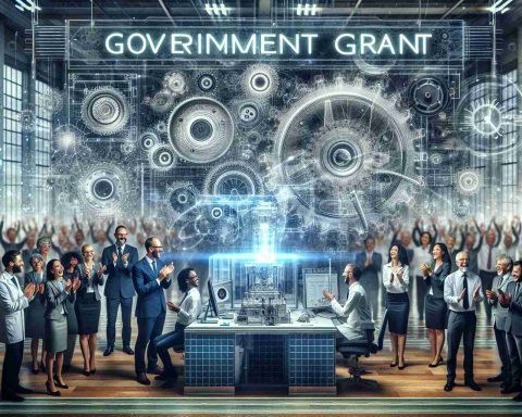 An intricate and high definition image representing a pioneering technology company receiving an esteemed government grant for their groundbreaking invention. The scene displays jubilant company staff, a diverse team consisting mixed genders and varying descents such as Caucasian, Hispanic and South Asian, celebrating this commendable achievement in their modern, advanced technology lab filled with cutting-edge equipment and their notable invention prominently displayed.