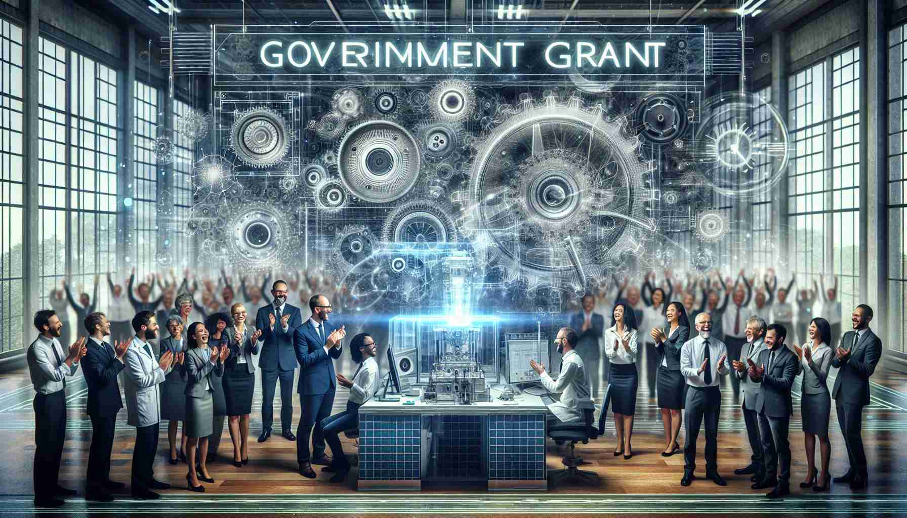 An intricate and high definition image representing a pioneering technology company receiving an esteemed government grant for their groundbreaking invention. The scene displays jubilant company staff, a diverse team consisting mixed genders and varying descents such as Caucasian, Hispanic and South Asian, celebrating this commendable achievement in their modern, advanced technology lab filled with cutting-edge equipment and their notable invention prominently displayed.