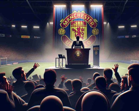 A realistic, high definition image depicting the scene of a mysterious announcement made by a prominent football (soccer) club. The club's logo is prominently featured on a backdrop, behind a podium from where the shocking news has just been released. Fans, shown in the foreground, react with various expressions of shock and disbelief. The atmosphere is tense and filled with anticipation, a sense of bewilderment permeating the air. The color scheme should reflect the team's traditional colors.