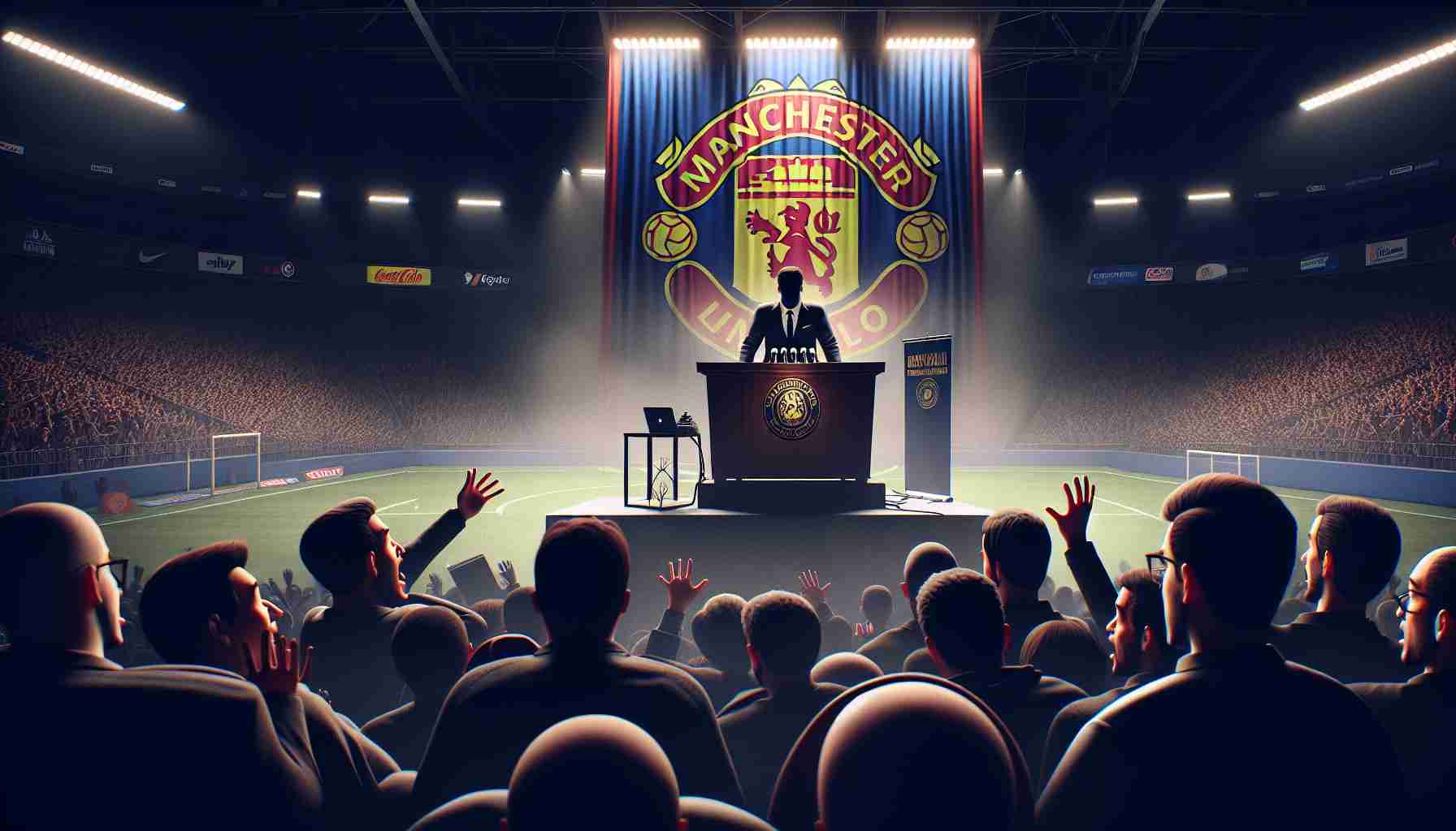 A realistic, high definition image depicting the scene of a mysterious announcement made by a prominent football (soccer) club. The club's logo is prominently featured on a backdrop, behind a podium from where the shocking news has just been released. Fans, shown in the foreground, react with various expressions of shock and disbelief. The atmosphere is tense and filled with anticipation, a sense of bewilderment permeating the air. The color scheme should reflect the team's traditional colors.