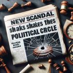 Create an image depicting a realistic, high-definition newspaper front page with the headline 'New Scandal Shakes Up Political Circle'. The subtitle should be 'Shocking Details Revealed'. Include pictures of relevant symbols, such as a cracked gavel, scattered legal documents, and a shaken chessboard representing strategic political moves.