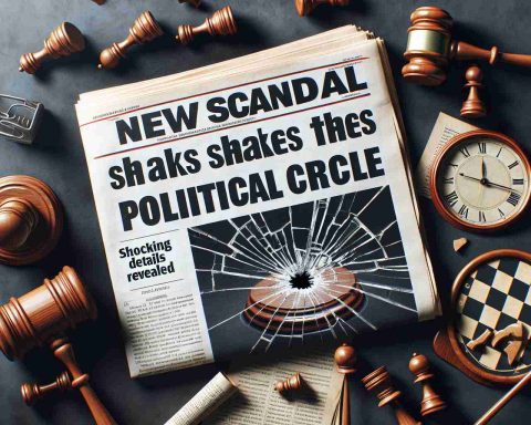 Create an image depicting a realistic, high-definition newspaper front page with the headline 'New Scandal Shakes Up Political Circle'. The subtitle should be 'Shocking Details Revealed'. Include pictures of relevant symbols, such as a cracked gavel, scattered legal documents, and a shaken chessboard representing strategic political moves.