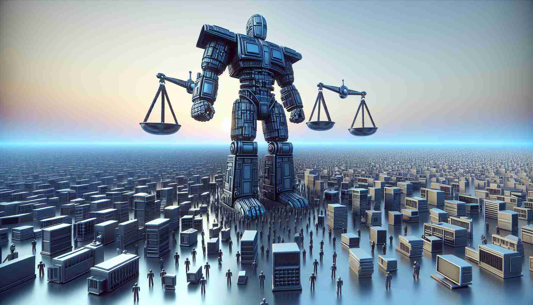 High definition, realistic artwork depicting a symbolic scene of a 'legal showdown' between a tech giant and news heavyweights. Visually, the tech giant can be represented as a large, sleek, futuristic entity or structure standing tall and seemingly triumphant over smaller, more traditional entities or structures that signify the news heavyweights.