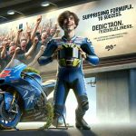 Capture a realistic high-definition image of a newly crowned motorcycle racing champion who's standing next to their sports bike. They are joyously smiling behind their helmet after winning a major race in the MotoGP series. In the background, a billboard can be seen revealing their surprising formula to success: 'Dedication. Discipline. Fearlessness.'