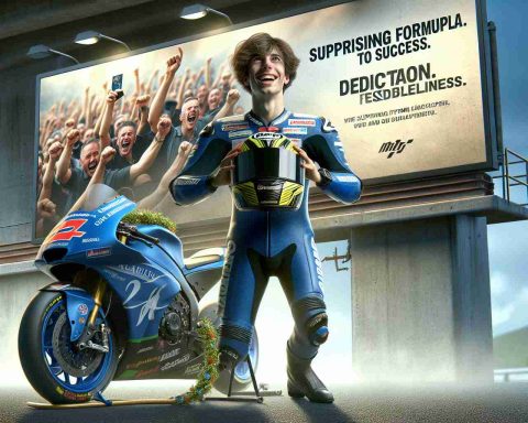 Capture a realistic high-definition image of a newly crowned motorcycle racing champion who's standing next to their sports bike. They are joyously smiling behind their helmet after winning a major race in the MotoGP series. In the background, a billboard can be seen revealing their surprising formula to success: 'Dedication. Discipline. Fearlessness.'