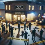 Create a realistic, high-definition image representing a local shocking incident behind a local business. The scene contains police tape enclosing an area, scattered signs of small commotion, and expressive locals standing at a safe distance, perplexed and whispering amongst themselves. The business should be a rustic brick facade building with a sign on the front. The time is twilight, casting long, haunting shadows.