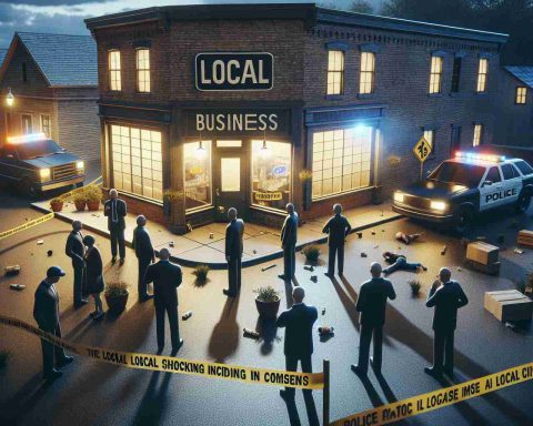 Create a realistic, high-definition image representing a local shocking incident behind a local business. The scene contains police tape enclosing an area, scattered signs of small commotion, and expressive locals standing at a safe distance, perplexed and whispering amongst themselves. The business should be a rustic brick facade building with a sign on the front. The time is twilight, casting long, haunting shadows.