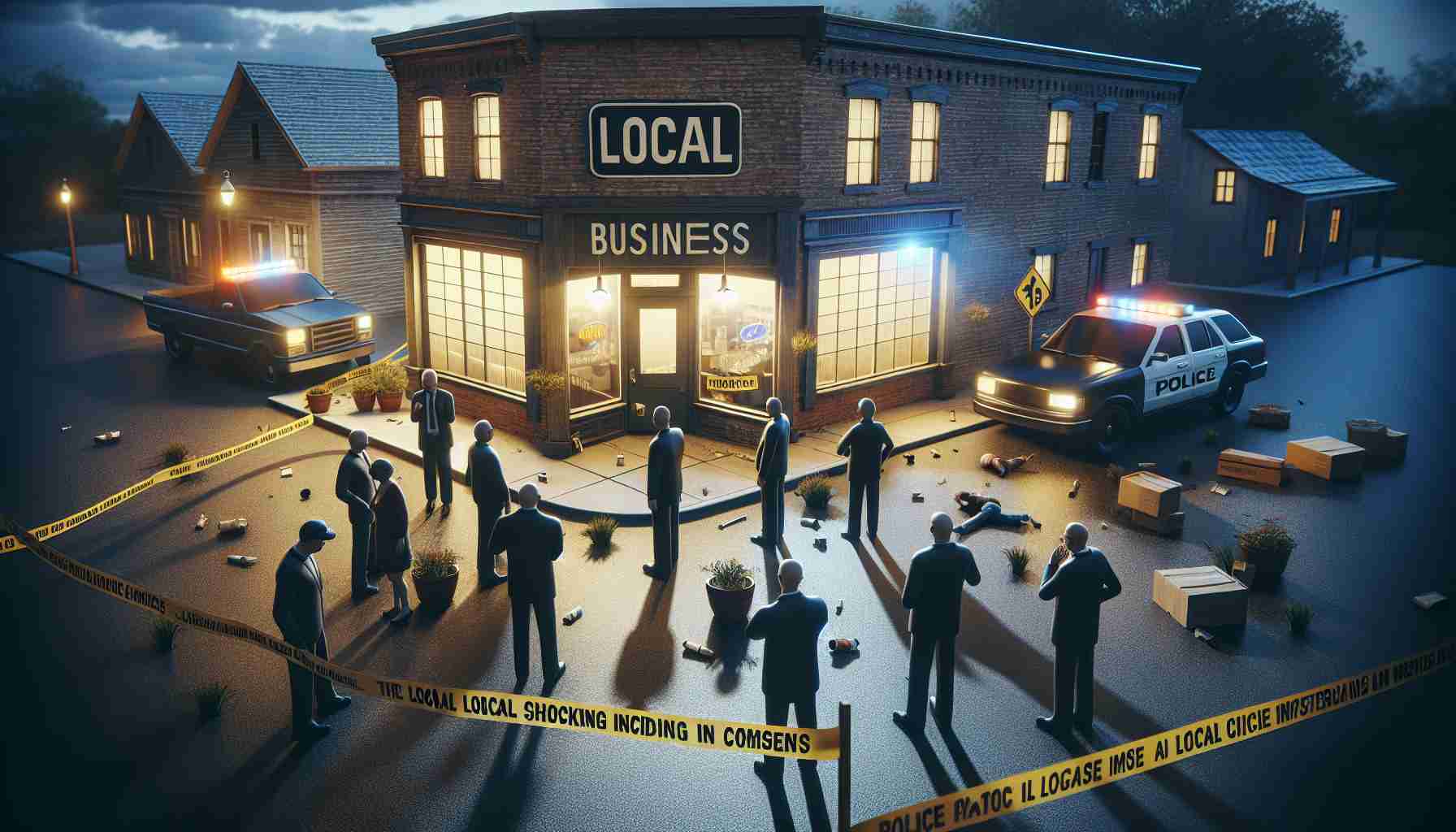 Create a realistic, high-definition image representing a local shocking incident behind a local business. The scene contains police tape enclosing an area, scattered signs of small commotion, and expressive locals standing at a safe distance, perplexed and whispering amongst themselves. The business should be a rustic brick facade building with a sign on the front. The time is twilight, casting long, haunting shadows.