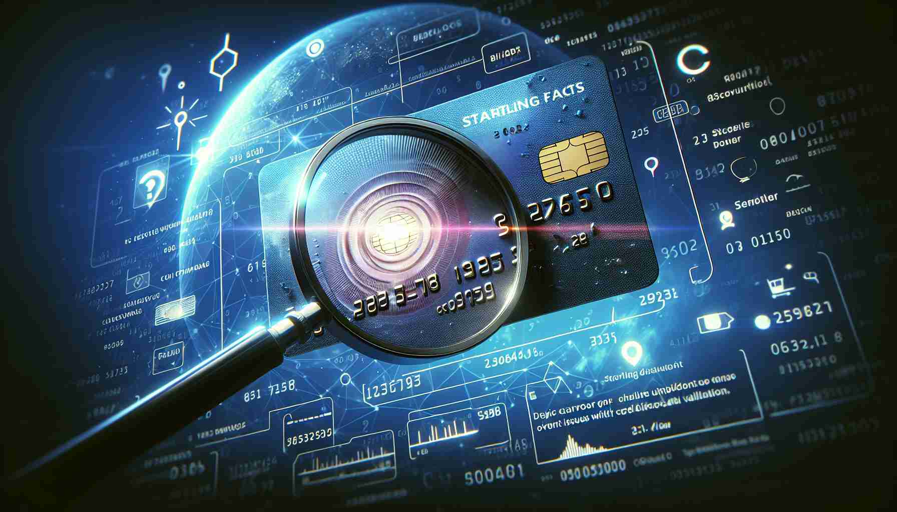 Create a high-definition, realistic illustration representing the discovery of startling facts concerning issues with credit card validation. This could include a magnifying glass zooming in on a credit card hologram, revealing hidden flaws, misaligned numbers, or data breaches, symbolizing the challenges in credit card validation. Ensure the image conveys a tone of mystery, concern, and revelation.