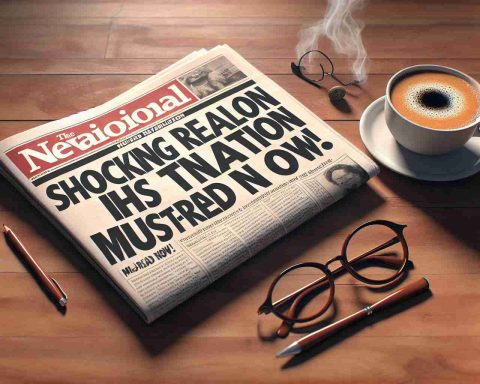 Generate an image depicting a high-definition realistic scene of a national newspaper with the headline, 'Shocking Revelation Hits the Nation! Must-Read Now'. The newspaper should be placed on a wooden desk, accompanied by a steaming cup of coffee and a pair of reading glasses.