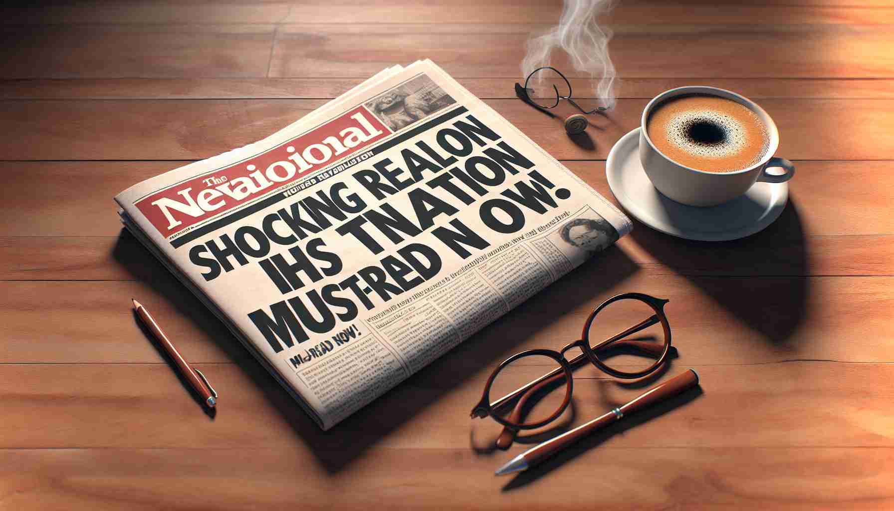 Generate an image depicting a high-definition realistic scene of a national newspaper with the headline, 'Shocking Revelation Hits the Nation! Must-Read Now'. The newspaper should be placed on a wooden desk, accompanied by a steaming cup of coffee and a pair of reading glasses.