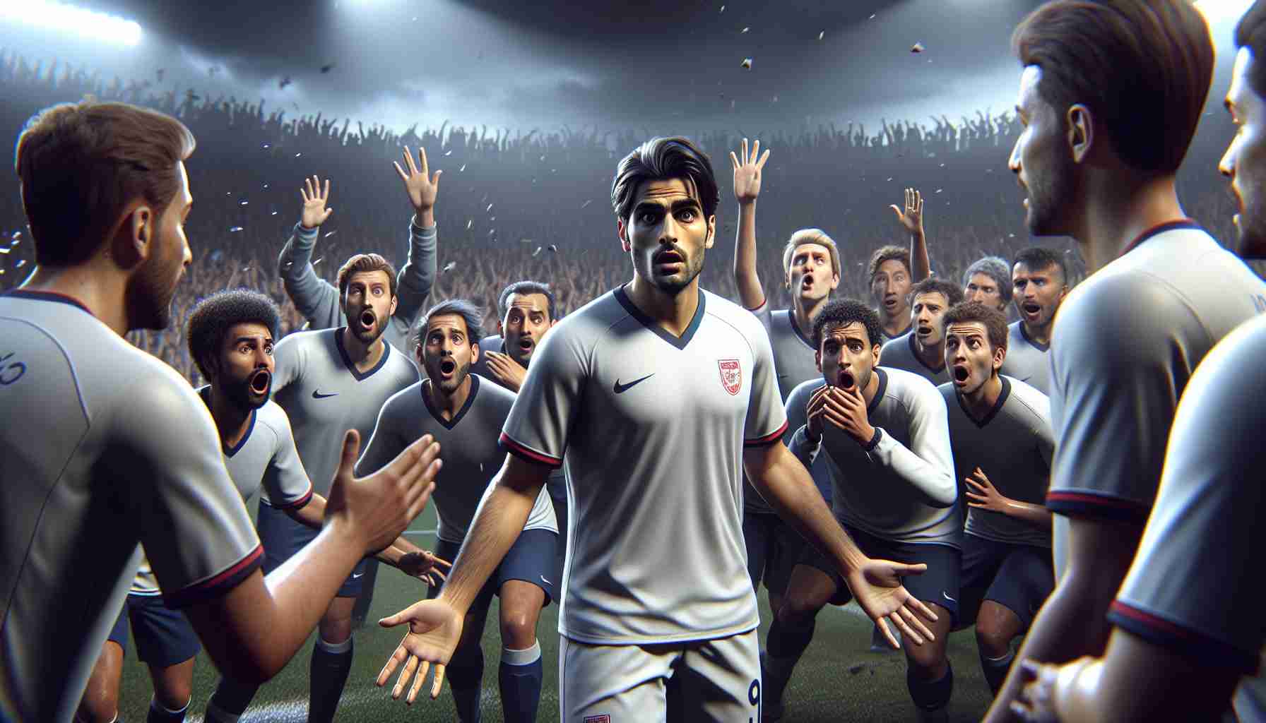 Realistic HD image portraying an unexpected scenario on the field: A renowned male soccer player, of South Asian descent, announces his impending retirement out of the blue during a high-intensity match. The scene captures various emotions - surprise, disbelief, and even a hint of regret amongst his teammates and fans in the crowd.