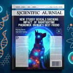 Generate an image illustrating a detailed scientific journal article cover depicting the surprising effects of nighttime phenomena on domesticated canines. The title 'New Study Reveals Shocking Impact of Nighttime Phenomenon on Man’s Best Friend' should be prominently displayed. The cover should showcase vivid nighttime ambiance with the silhouette of a dog and related science symbols such as DNA strands, a brain outline and atomic structures symbolizing the study's focus.