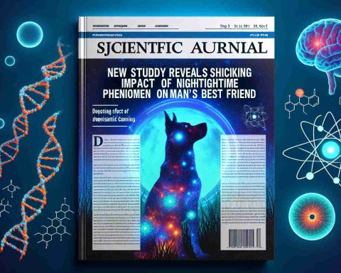 Generate an image illustrating a detailed scientific journal article cover depicting the surprising effects of nighttime phenomena on domesticated canines. The title 'New Study Reveals Shocking Impact of Nighttime Phenomenon on Man’s Best Friend' should be prominently displayed. The cover should showcase vivid nighttime ambiance with the silhouette of a dog and related science symbols such as DNA strands, a brain outline and atomic structures symbolizing the study's focus.