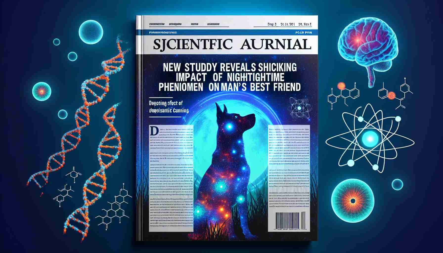 Generate an image illustrating a detailed scientific journal article cover depicting the surprising effects of nighttime phenomena on domesticated canines. The title 'New Study Reveals Shocking Impact of Nighttime Phenomenon on Man’s Best Friend' should be prominently displayed. The cover should showcase vivid nighttime ambiance with the silhouette of a dog and related science symbols such as DNA strands, a brain outline and atomic structures symbolizing the study's focus.