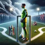 A high-definition, realistic image of a metaphorical representation of a football goalkeeper's dilemma. The image depicts a goalkeeper dressed in a Liverpool jersey, standing at the goalpost, looking conflicted. He is surrounded by two paths diverging, symbolically representing two choices. One path leading towards a shiny trophy, representing success, and another leading towards stormy weather, indicating challenges or team issues. A football is resting by his feet and spectators are watching eagerly in the background, embodying the pressure and expectations.