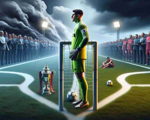 A high-definition, realistic image of a metaphorical representation of a football goalkeeper's dilemma. The image depicts a goalkeeper dressed in a Liverpool jersey, standing at the goalpost, looking conflicted. He is surrounded by two paths diverging, symbolically representing two choices. One path leading towards a shiny trophy, representing success, and another leading towards stormy weather, indicating challenges or team issues. A football is resting by his feet and spectators are watching eagerly in the background, embodying the pressure and expectations.