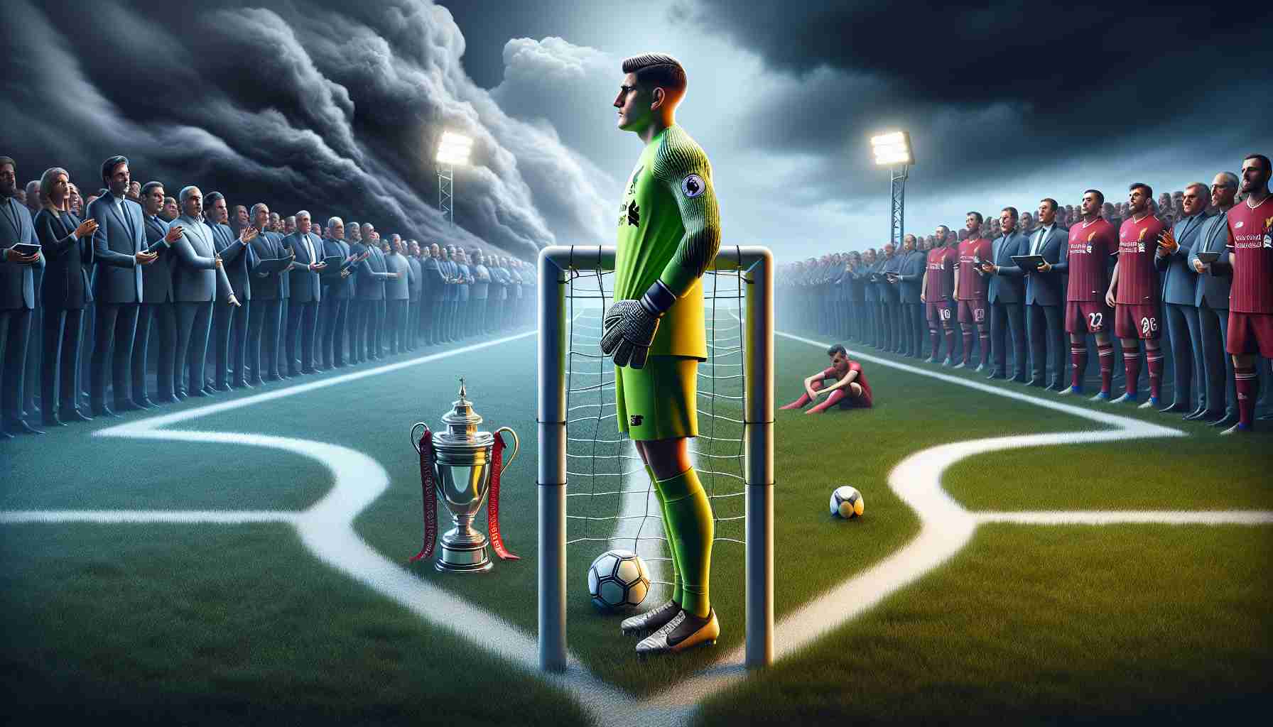 A high-definition, realistic image of a metaphorical representation of a football goalkeeper's dilemma. The image depicts a goalkeeper dressed in a Liverpool jersey, standing at the goalpost, looking conflicted. He is surrounded by two paths diverging, symbolically representing two choices. One path leading towards a shiny trophy, representing success, and another leading towards stormy weather, indicating challenges or team issues. A football is resting by his feet and spectators are watching eagerly in the background, embodying the pressure and expectations.