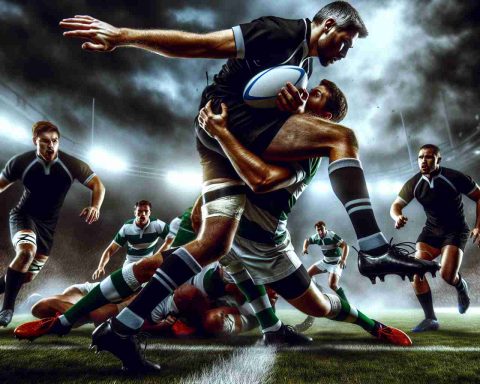 Realistic high-definition photo illustrating a dramatic moment in a rugby match between two competitive teams, one with all black uniforms and the other dressed in green and white.