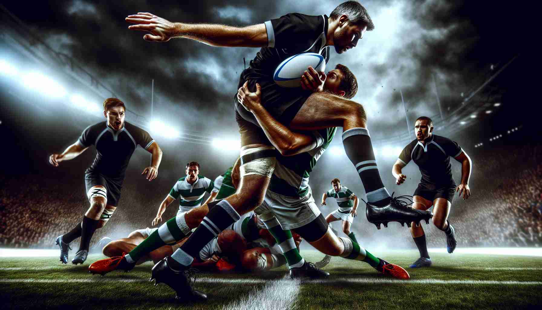 Realistic high-definition photo illustrating a dramatic moment in a rugby match between two competitive teams, one with all black uniforms and the other dressed in green and white.