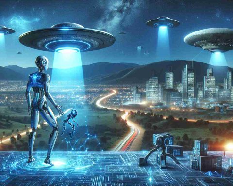 Create a potentially realistic, high definition image portraying the new frontier of technology: Artificial Intelligence and unidentified flying objects. Illustrate a futuristic landscape with advanced AI technology and UFOs present. Possibly include elements like an intelligent robotic entity interacting with a hovering UFO against a backdrop of a digitized cityscape revealing futuristic elements. Convey the idea of a potential future where artificial technology and extraterrestrial existence might coexist.