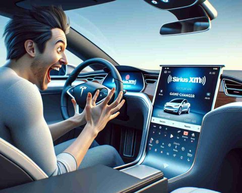 A High Definition, realistic image illustrating a potential game-changer moment for Sirius XM satellite radio. The scene could be set inside a Tesla car showing a delighted driver interacting with the new streamlined Sirius XM interface on the car's dashboard screen. Use visual cues such as surprised facial expressions, hands exploring the new interface and a sleek, modern Tesla interior to effectively communicate this break through moment.