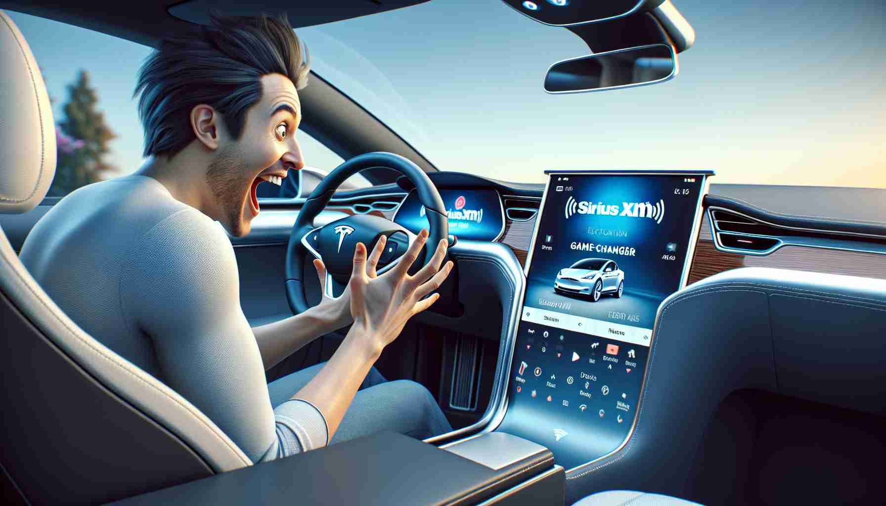 A High Definition, realistic image illustrating a potential game-changer moment for Sirius XM satellite radio. The scene could be set inside a Tesla car showing a delighted driver interacting with the new streamlined Sirius XM interface on the car's dashboard screen. Use visual cues such as surprised facial expressions, hands exploring the new interface and a sleek, modern Tesla interior to effectively communicate this break through moment.