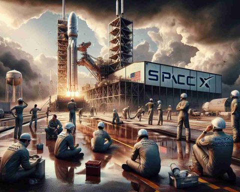 A high-definition, realistic depiction of a situation where SpaceX's ambitious weekend plans have encountered a snag. The image shows a SpaceX spacecraft launch pad where the preparation process for a mission is currently on hold due to unforeseen technical difficulties. Work crews represented by both men and women of different descents such as Caucasian, Hispanic, and Middle-Eastern, are seen troubleshooting the problem anxiously. The image portrays a dramatic sky with ominous clouds looming overhead, suggesting the uncertainty and suspense associated with the situation.