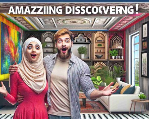 A high-definition, realistic image representing an amazing discovery where homeowners are making shocking changes to their homes. Depict a pair of homeowners, a Middle-Eastern female and a White male, with awe-filled expressions as they proudly showcase their unexpectedly transformed living room. Their house could be characterized by potentially unusual, but tasteful, refurbishments such as walls painted in bright, extraordinary colors, an unusual mix of vintage and ultramodern furniture, or a home garden integrated into the interior space. These surprising elements should be evident in their surroundings, sparking a sense of wonder and curiosity.