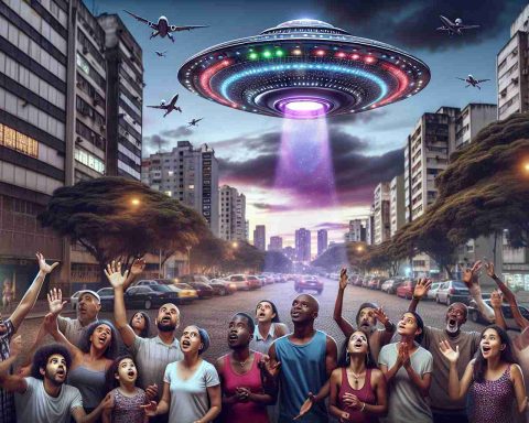 Detailed, high-definition image of an astonishing unidentified flying object (UFO) sighting that has left a diverse crowd of Brazilians in awe. The unusual craft hovers in the sky, emanating an array of bright colours. Surrounding this spectacle, people of diverse descents - Caucasian, Hispanic, Black, Middle-Eastern, South Asian, and Asian - react with expressions ranging from joy to disbelief. The setting is in a populous city in Brazil, with high-rise buildings lining either side of the frame while twilight paints the sky in muted hues of purple and blue.