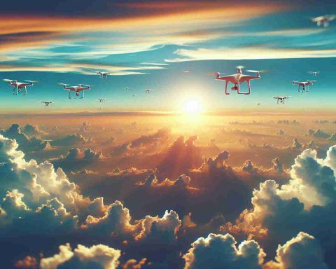 Generate a realistic, high-definition image of the expansive skies over New Jersey. The atmosphere should be filled with a vivid array of pastel colors from a setting sun, casting a golden glow on the fluffy clouds. Floating in the sky are numerous drones. Depict them as sleek, futuristic machines, some far in the distance, some closer to the viewer. Create an atmosphere of intrigue, questioning if these drones are friendly messengers of technology's progress, or invasive harbingers of privacy reduction.