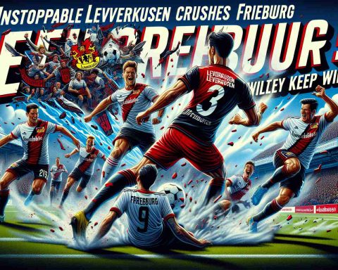 A realistic high-definition illustration depicting a thrilling soccer match, where the team associated with Leverkusen is shown playing phenomenally well against the team associated with Freiburg. Leverkusen's players are in the middle of an impressive play, showcasing their prowess and skill. Freiburg's players try to counter, but they seem to be overwhelmed. In the background, the exuberant crowd waits in anticipation, wondering if Leverkusen will continue their win streak. The words 'Unstoppable Leverkusen Crushes Freiburg! Will They Keep Winning?' are written across the image in dynamic, striking letters.