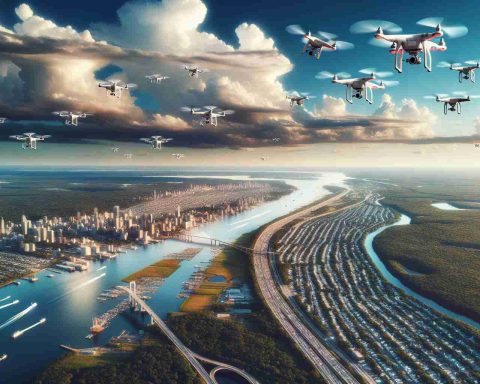 Generate a realistic, high-definition image of drone revolution soaring into the sky, denoting technological advancement. Specifically, imagine drones flying above the characteristic landscapes of New Jersey, featuring its dense forests, expansive coastlines, and bustling urban areas, all under a clear, wide sky. The scene should communicate the limitless potential of these evolving technologies and their profound impact on everyday life and business in the region.