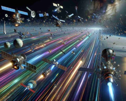 A highly detailed, realistic visual representation of futuristic concepts related to technology, exemplified by a crazy satellite race. The scene showcases numerous satellites of various designs, colours, and sizes zooming through the vast emptiness of our cosmos. Some race ahead, leaving colorful trails of light against the striking backdrop of the inky black universe, teeming with stars. The information superhighway of the future is represented as a high-speed, frantic competition above the earth in the vast, infinite space. All the elements together create a question - are we truly prepared for the future of the Internet as envisaged in this scene?