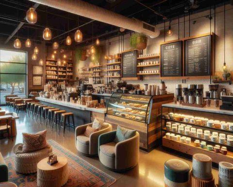 An ultra high-definition image of a newly opened coffee haven in Phoenix, Arizona. The shop exudes an inviting ambience with modern rustic interiors featuring reclaimed wood furniture, large chalkboard menus, and an array of quirky coffee mugs. Take note of the aroma of freshly brewed coffee wafting in the air, comfortable seating arrangements to encourage relaxation, and soft indie music playing in the background. An array of enticing pastries can be spotted in a sleek glass display near the counter. The bright warm lights and the gentle hum of life make it the perfect spot for unwinding.