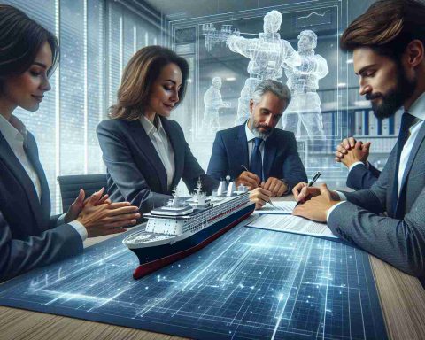 High-resolution, realistic image depicting a significant breakthrough in maritime technology. A group of professionals, including a Caucasian woman and a Hispanic man, signing a monumental contract. This scene takes place in a modern office setting with technological blueprints and maritime models on display.