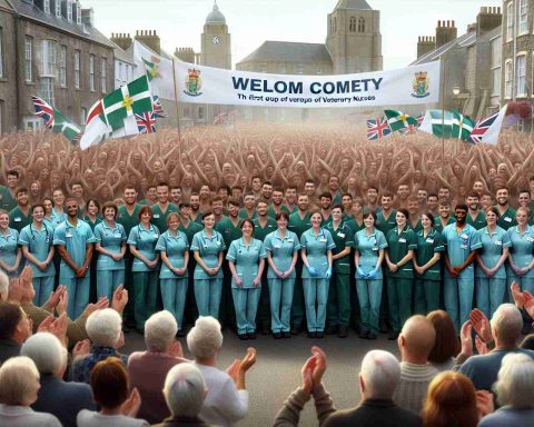 A high-definition, realistic photo depicting a momentous event in Guernsey. The scene captures the welcoming celebration of the island's first group of veterinary nurses. There is a crowd of locals with welcoming banners and joyous expressions. The newly appointed veterinary nurses, a diverse group of individuals of different descents and genders, stand proudly, dressed in their uniform, with a sense of achievement and anticipation in their eyes.