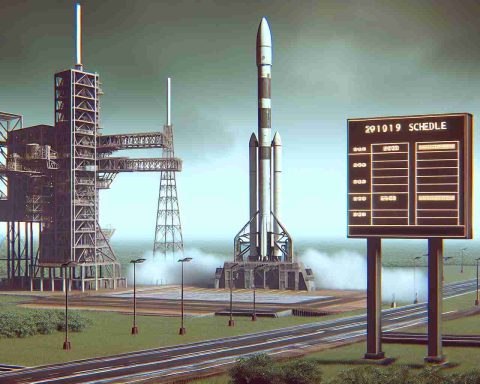 Generate a realistic high-definition image of a space launch site with a Falcon 9 rocket standing majestically on the launchpad. The weather is overcast, symbolizing the delays, and there is a digital board nearby displaying an ambiguous schedule, implying uncertainty about the future launch.