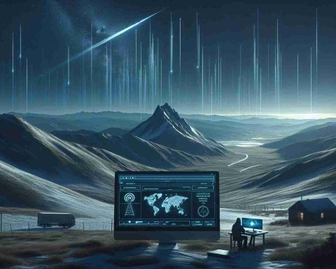 Create a realistic HD image showing the concept of Starlink as a remote internet service provider. The image can include a scenic remote landscape, perhaps a vast mountain range or a lonely cabin in the woods, with a clear night sky overhead showcasing the distinctive streak of Starlink satellites. On the foreground, a computer or a person using the internet, denoting its function. Also illustrate additional information like signal strength, connectivity indicators, and service map, subtly hinting at the discussion about the effectiveness of Starlink for remote internet connectivity.