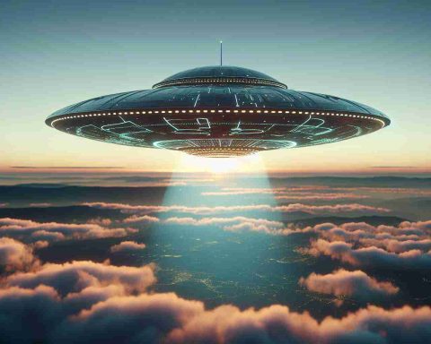 Generate a high definition realistic image of a UFO sighting against a clear sky. The scene should reflect a future where AI technology is employed in tracking and identifying unidentified flying objects in the atmosphere. The design of the UFO should be ambiguously intriguing, potentially hinting at advanced extraterrestrial technology.