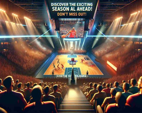 High definition, realistic depiction of excitement for the upcoming season of a major professional basketball league. Display enthusiastic fans, a brightly lit stadium, a game about to tip-off, and promotional text saying 'Discover the Exciting Season Ahead! Don't Miss Out'