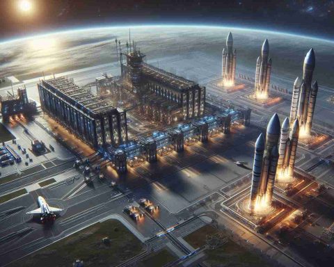 Create a detailed HD image portraying a cutting-edge space logistics facility named 'New Frontier' from an imaginary space company. The scene should reflect advanced technology with rockets ready to launch and a sense of revolutionary progress in the field of space exploration.