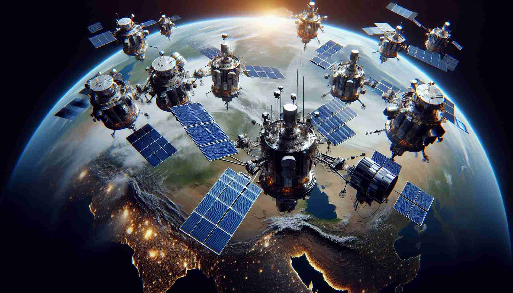 Create a high-definition and realistic image of a collection of futuristic satellites, suspended in space. These satellites are designed with advanced technologies that could significantly improve global connectivity. Features to include might be solar panels, high-gain antennas, and multilayer insulation. They should be situated against the backdrop of Earth showing different continents, symbolizing their role in global communication.