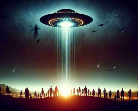 Generate a highly detailed and realistic image of a UFO sighting. The sky is dark, and the mysterious flying object is beautifully illuminated, casting an otherworldly light onto the area beneath. The silhouette of a bewildered crowd of diverse individuals can be seen observing the spectacle from below with amazement and curiosity. The image has a banner with the text 'UFO Sightings Surge: Is Something Out There? The Truth Might Surprise You'.