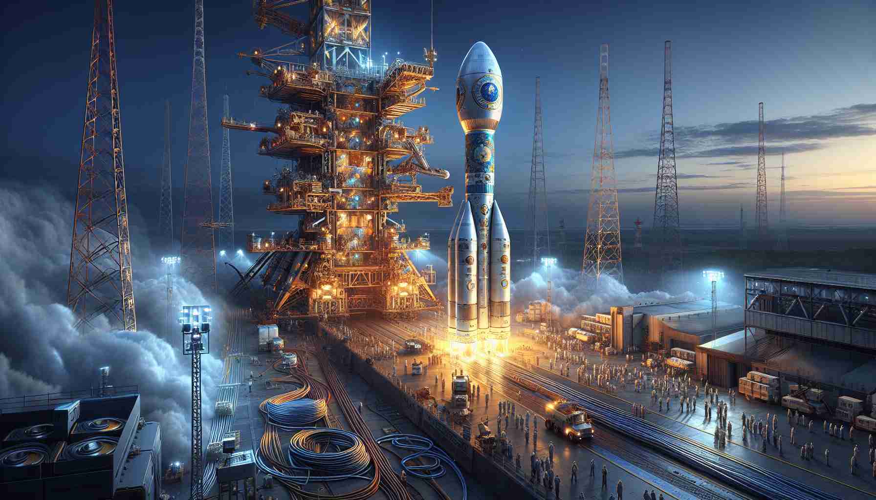 A detailed, high-definition image of a groundbreaking space mission launch. Depict a large, shimmering rocket on the launch pad as its powerful engines begin to ignite. Rocket is beautifully decorated with symbols associated with the study of the solar system. Around the launch site, personnel of diverse genders and descents buzz with excitement. Cables and scientific equipment sprawl around as background. The sky is twilight blue, hinting at the coming night and the mysterious universe beyond. In the air, the phrase 'The Future of Solar Studies Starts Today' is displayed vividly.