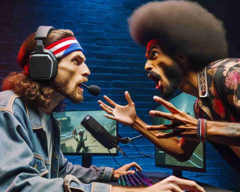 Create a high-definition, realistic scene depicting heightened drama between two well-known streamers. One is a Caucasian male with long curly hair, seen often wearing a baseball cap, and the person opposite him is an African American male with a curly afro, sporting a trendy outfit. They are both engaged in animated conversation in a digital gaming setting.