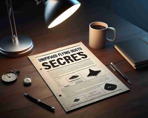 Realistic HD image of a document entitled 'Unidentified Flying Objects Secrets'. The document should be on a dark wooden desk with a mug of coffee to the side and a reading lamp illuminating the document from above.