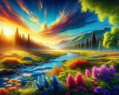 Generate a high-definition, realistic image showing the wonders of nature in vibrant colours. This scene should include elements such as lush forests, a radiant sunset, colourful flower fields, a flowing river, and majestic wildlife. The image should emit a sense of tranquility and beauty, showcasing the brilliant hues and intricate details found in the natural world.