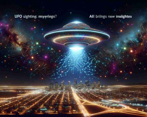 Generate a realistic high-definition image of a night sky, intricately painting the scene with an unidentified flying object (UFO) hovering over a cityscape. The UFO is illuminated by pulsating lights of various colors making it stand out against the starlit sky. Text is layered over the scene, reading 'UFO Sightings: The Future of Aerial Mysteries? AI Brings New Insights'.